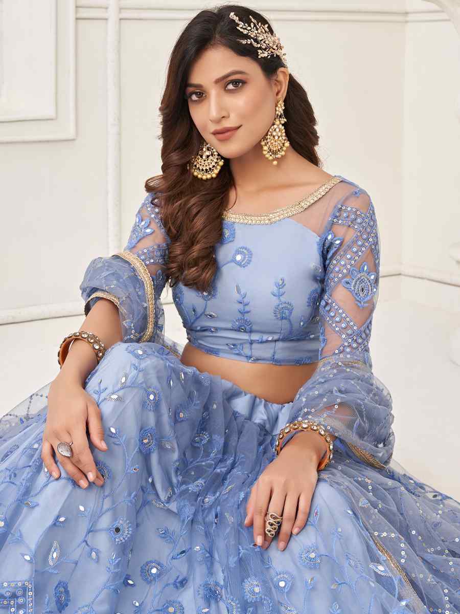 Sea Blue Butterfly Net Embroidered Festival Wedding Circular Lehenga Choli