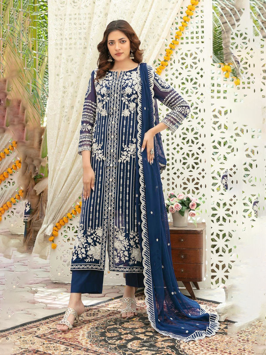 Sea Blue Chiffon Embroidery Sequins Wedding Party Festival Casual Palazzo Pant Salwar Kameez