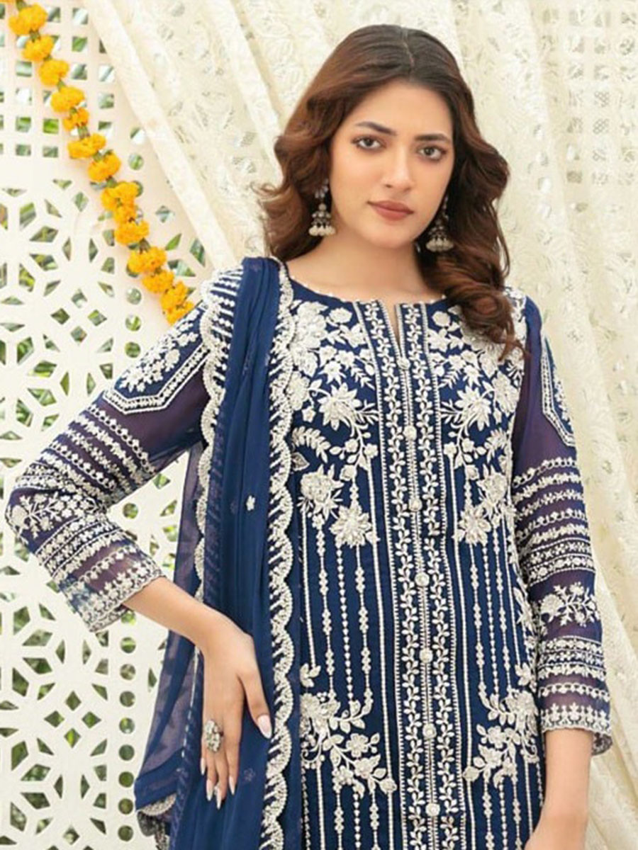 Sea Blue Chiffon Embroidery Sequins Wedding Party Festival Casual Palazzo Pant Salwar Kameez