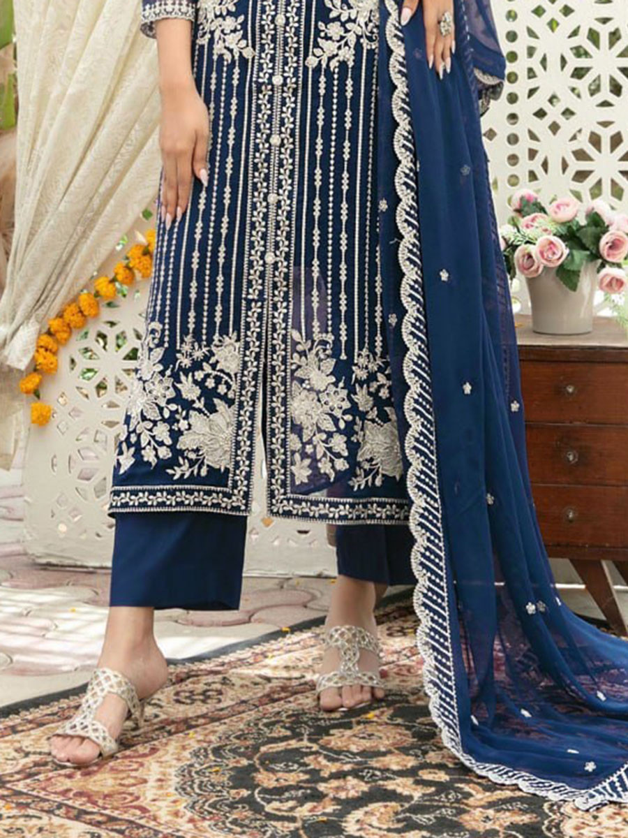 Sea Blue Chiffon Embroidery Sequins Wedding Party Festival Casual Palazzo Pant Salwar Kameez