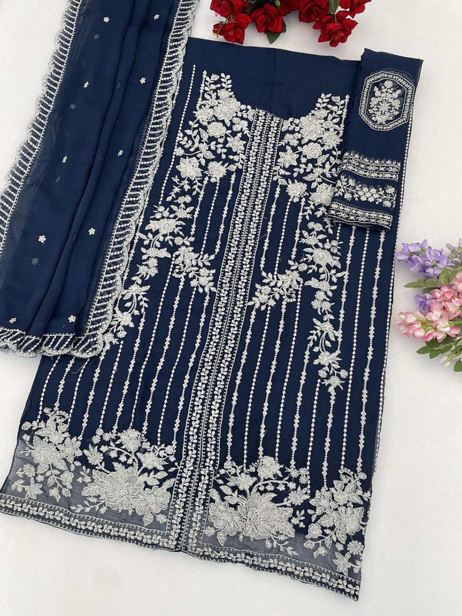 Sea Blue Chiffon Embroidery Sequins Wedding Party Festival Casual Palazzo Pant Salwar Kameez