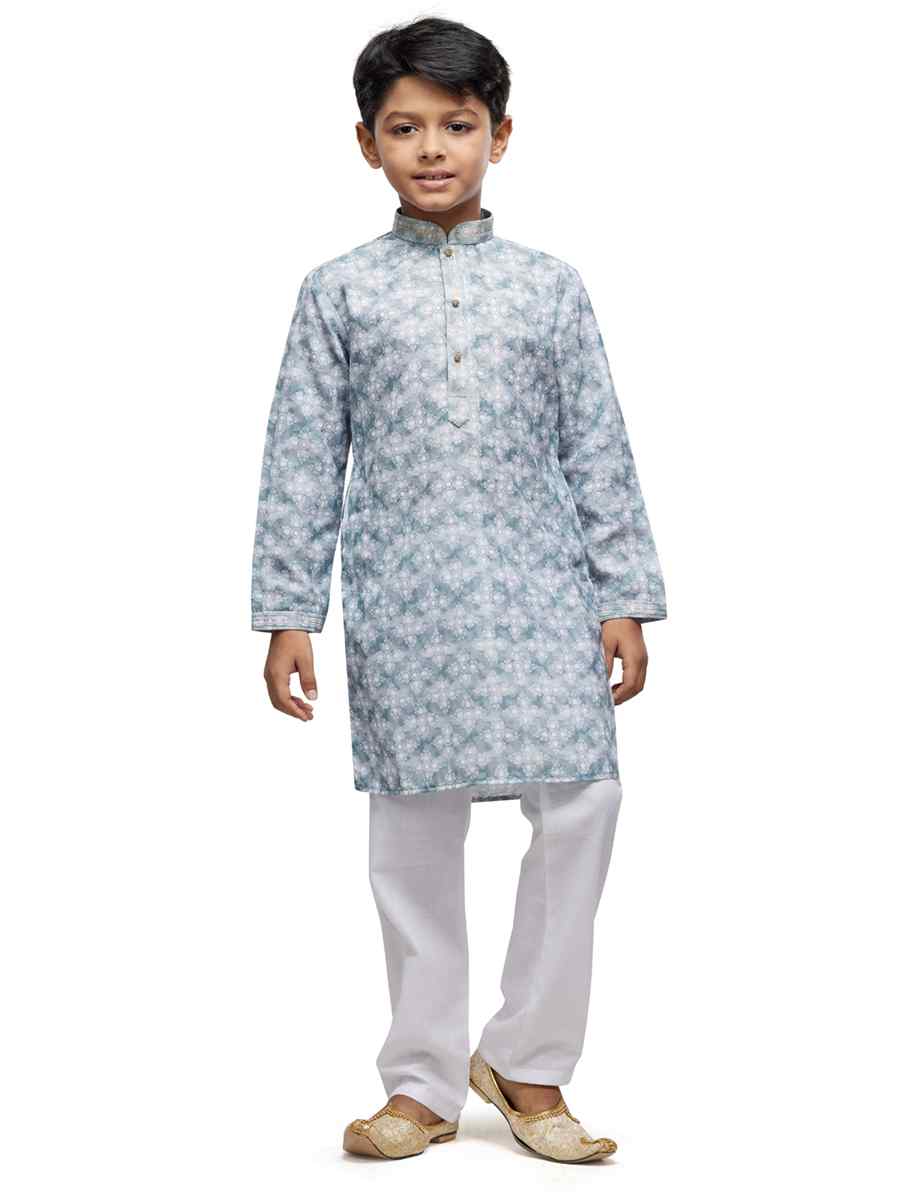 Sea Blue Cotton Printed Festival Party Kurta