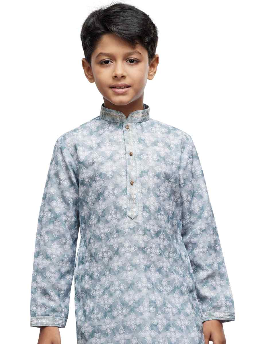 Sea Blue Cotton Printed Festival Party Kurta