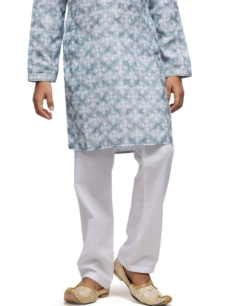 Sea Blue Cotton Printed Festival Party Kurta