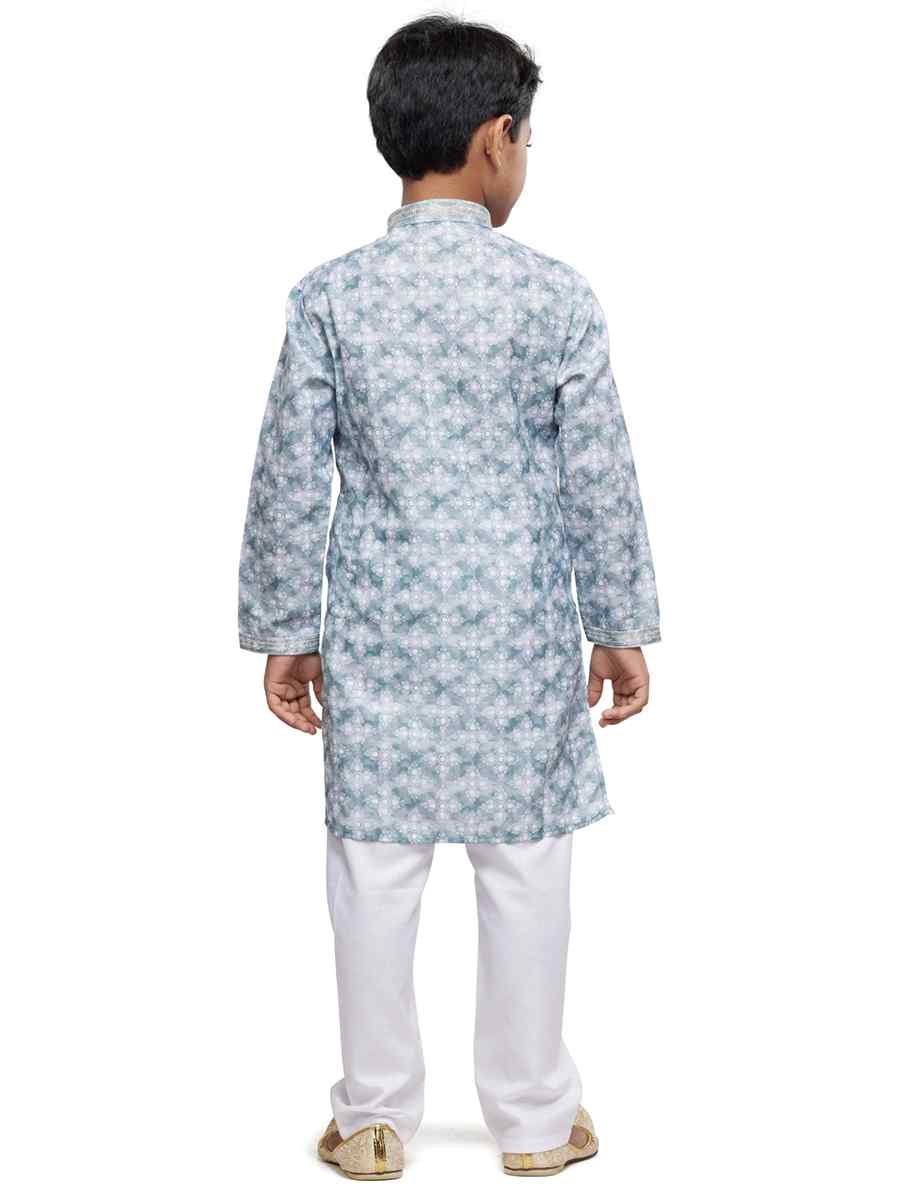 Sea Blue Cotton Printed Festival Party Kurta