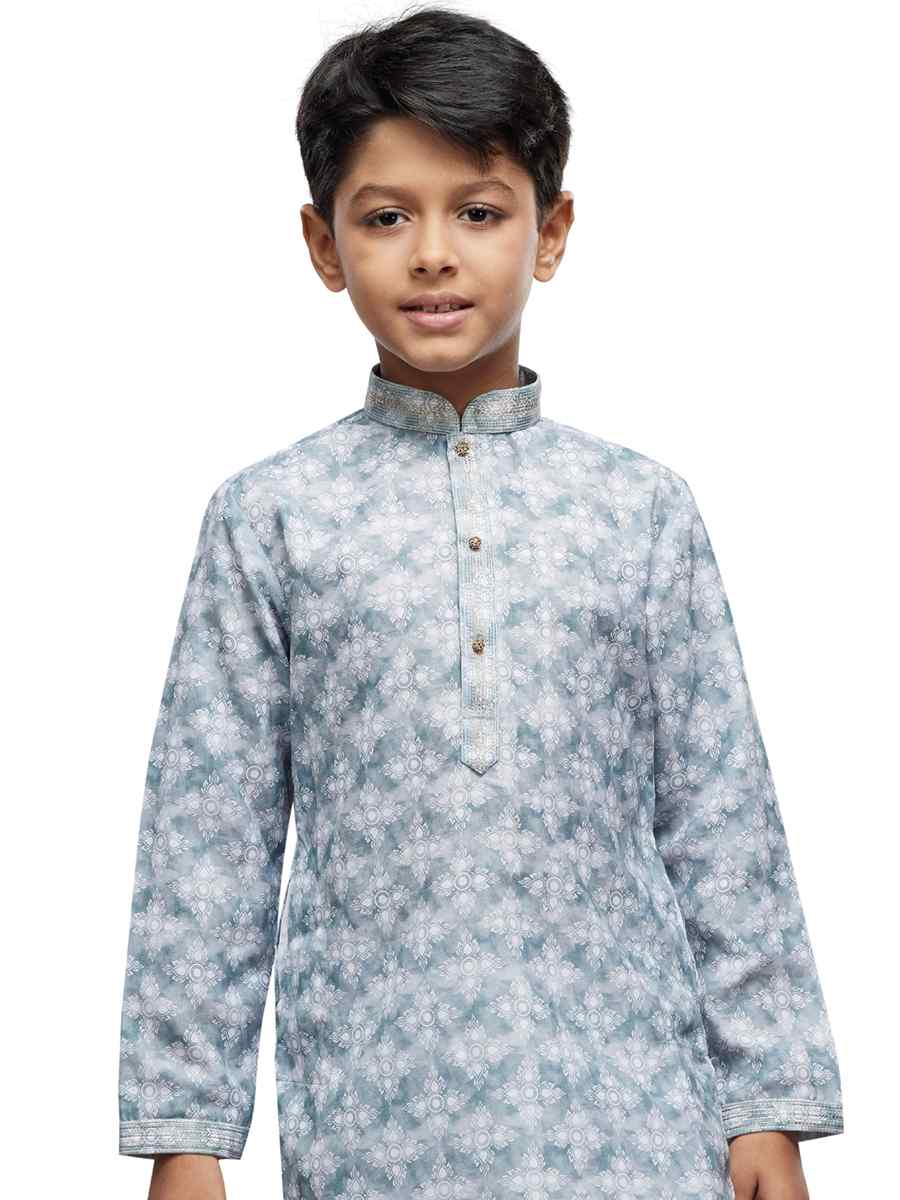 Sea Blue Cotton Printed Festival Party Kurta