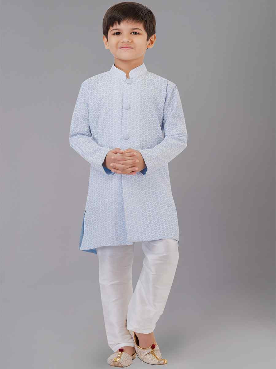 Sea Blue Cotton Silk Embroidered Festival Traditional Kurta Pyjama Boys Wear