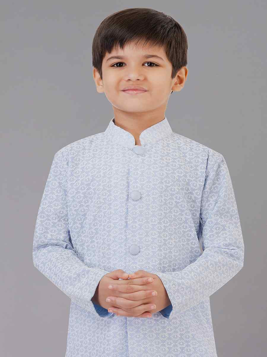 Sea Blue Cotton Silk Embroidered Festival Traditional Kurta Pyjama Boys Wear