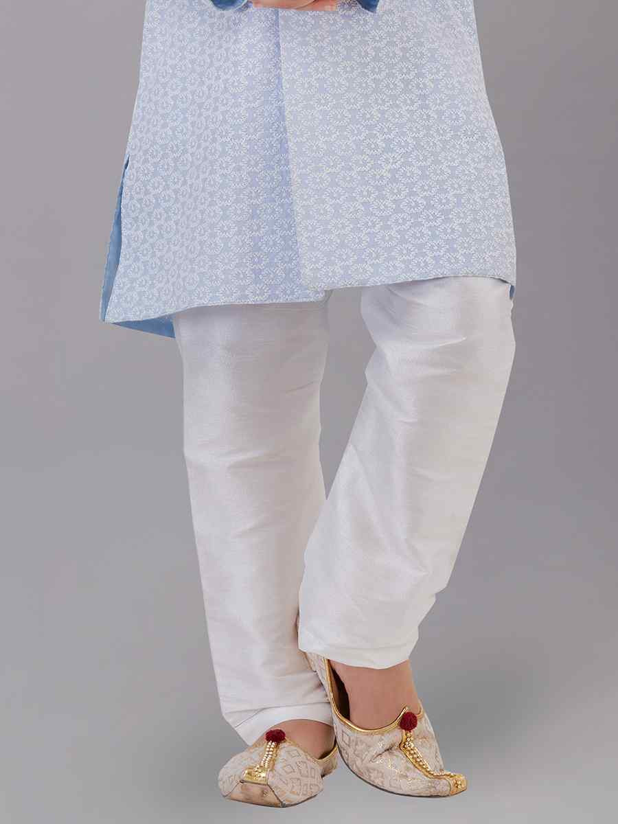 Sea Blue Cotton Silk Embroidered Festival Traditional Kurta Pyjama Boys Wear