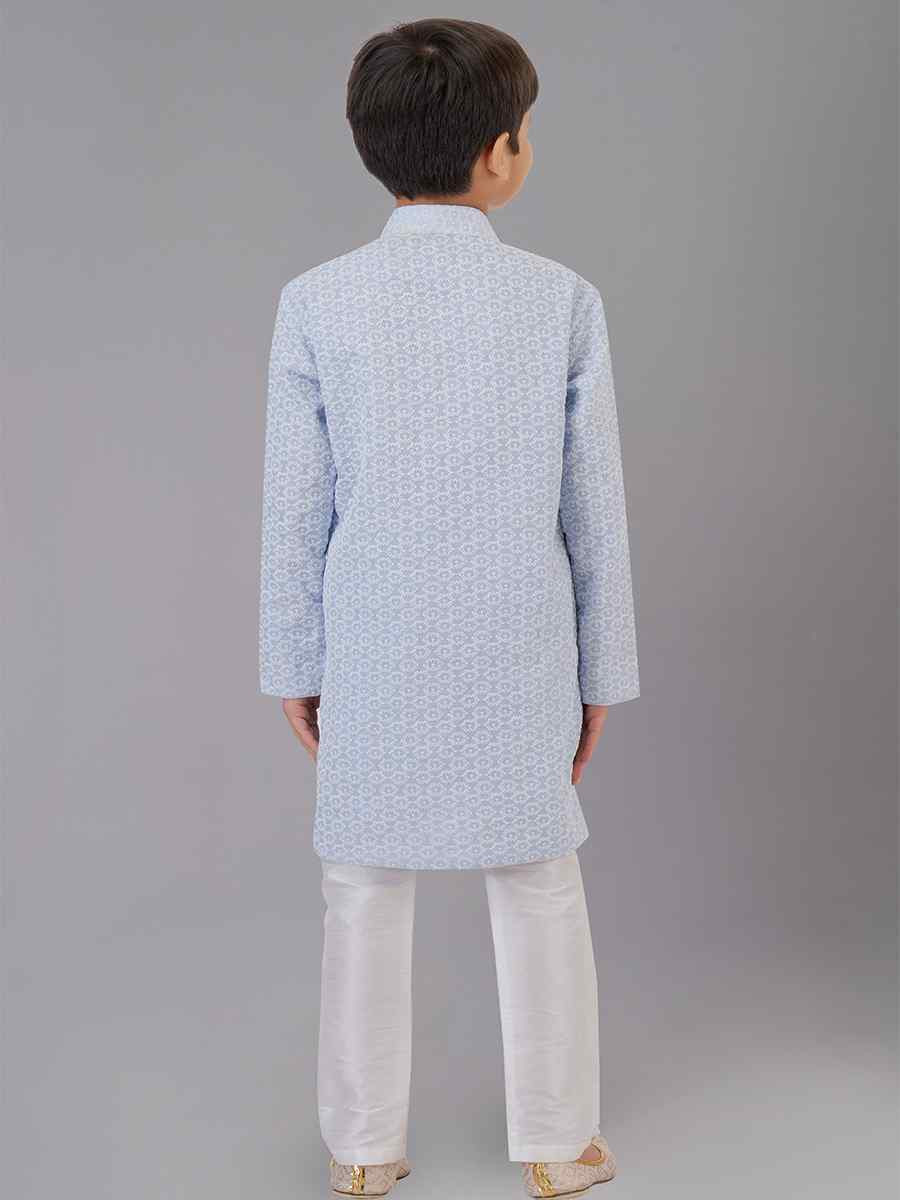 Sea Blue Cotton Silk Embroidered Festival Traditional Kurta Pyjama Boys Wear