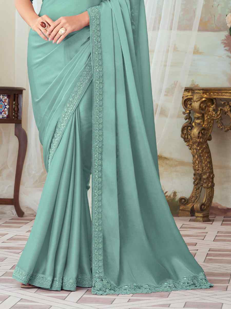 Sea Blue Fancy Material Handwoven Party Festival Heavy Border Saree