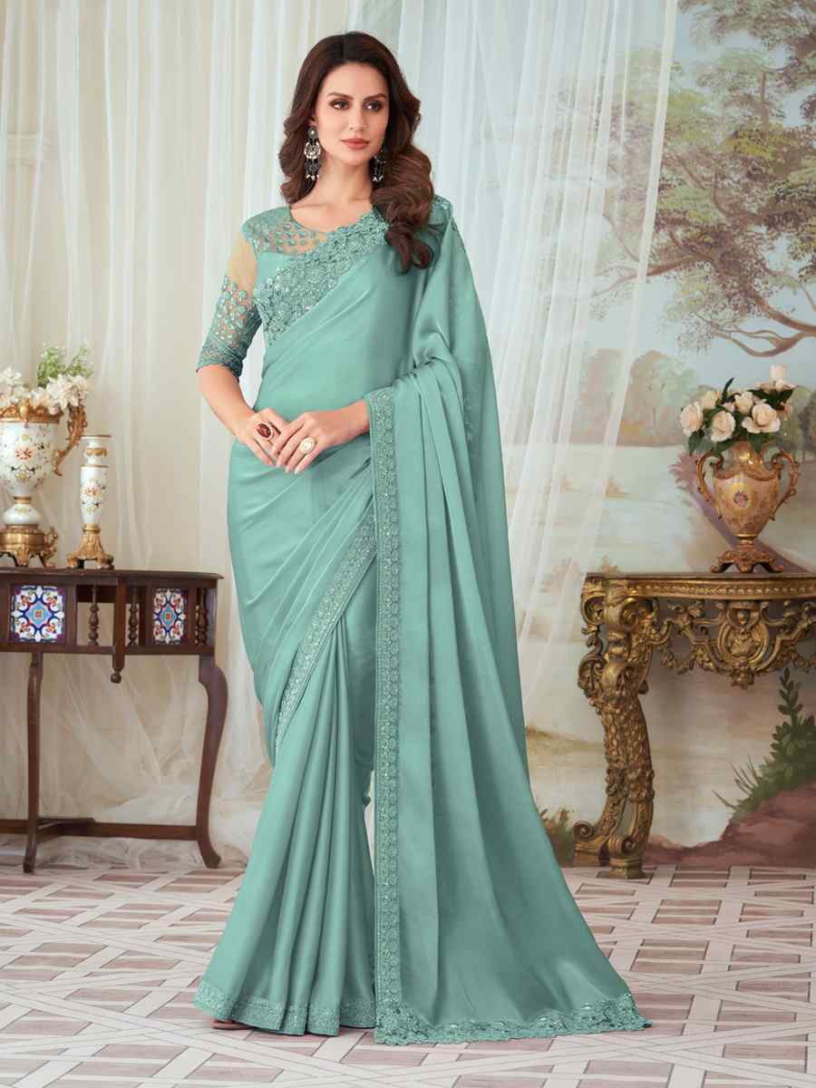Sea Blue Fancy Material Handwoven Party Festival Heavy Border Saree