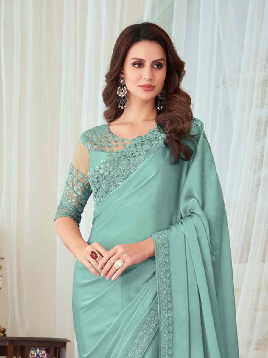 Sea Blue Fancy Material Handwoven Party Festival Heavy Border Saree