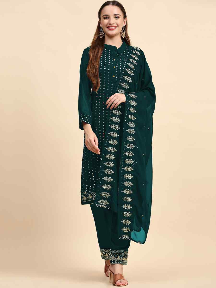 Sea Blue Faux Georgette Embroidered Festival Casual Pant Salwar Kameez