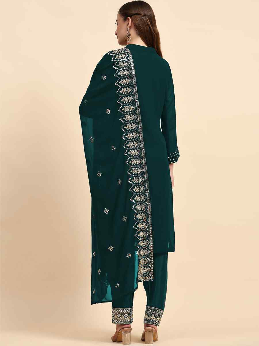 Sea Blue Faux Georgette Embroidered Festival Casual Pant Salwar Kameez