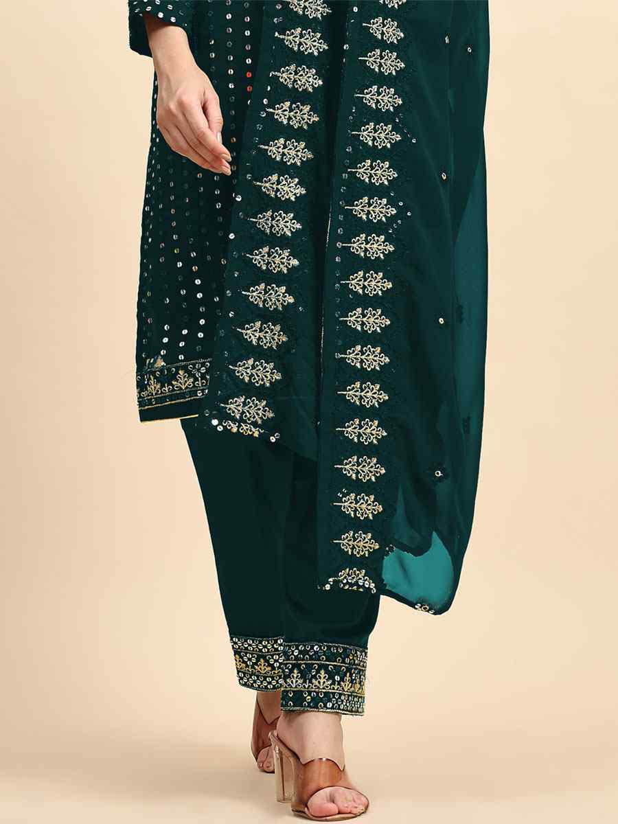 Sea Blue Faux Georgette Embroidered Festival Casual Pant Salwar Kameez