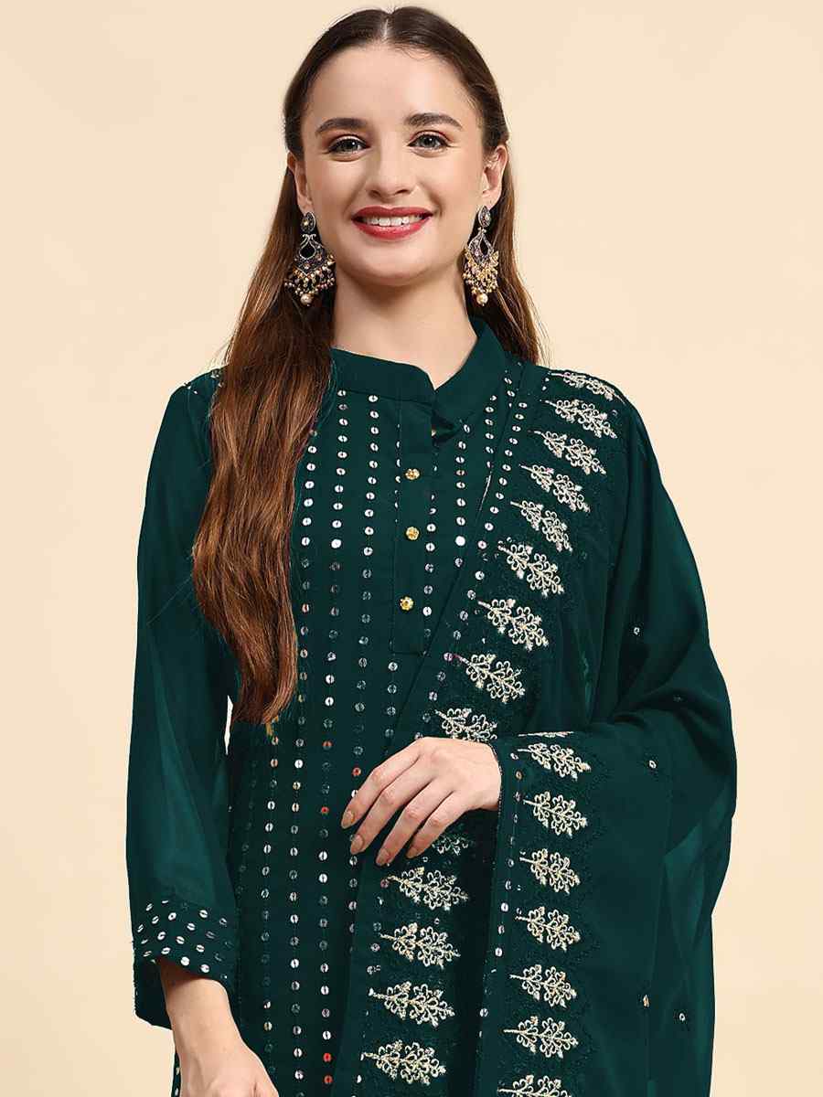 Sea Blue Faux Georgette Embroidered Festival Casual Pant Salwar Kameez