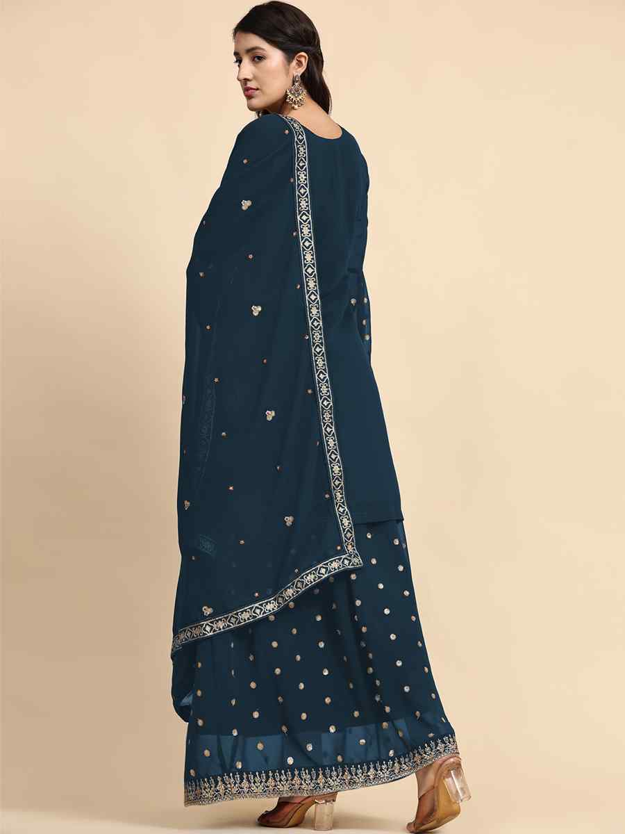 Sea Blue Faux Georgette Embroidered Festival Party Sharara Pant Salwar Kameez