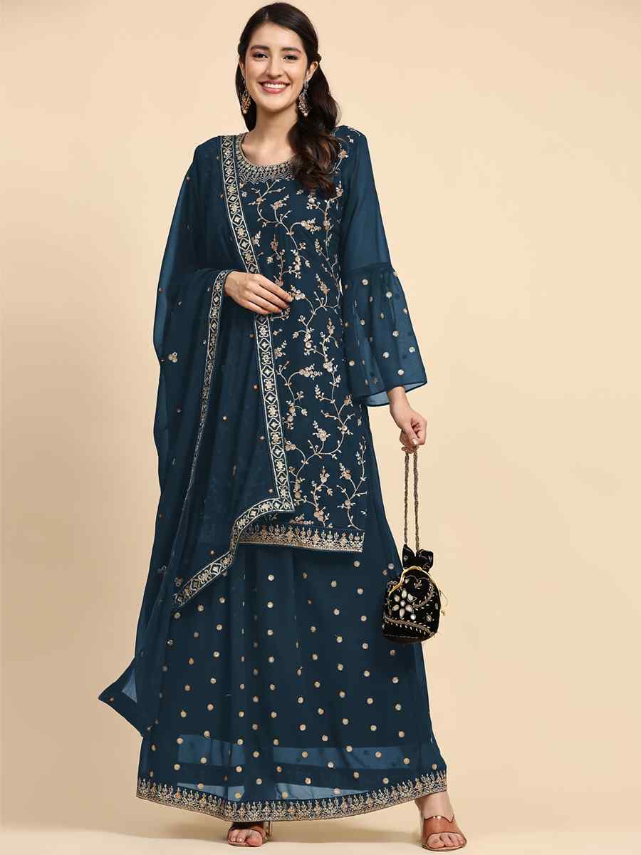 Sea Blue Faux Georgette Embroidered Festival Party Sharara Pant Salwar Kameez