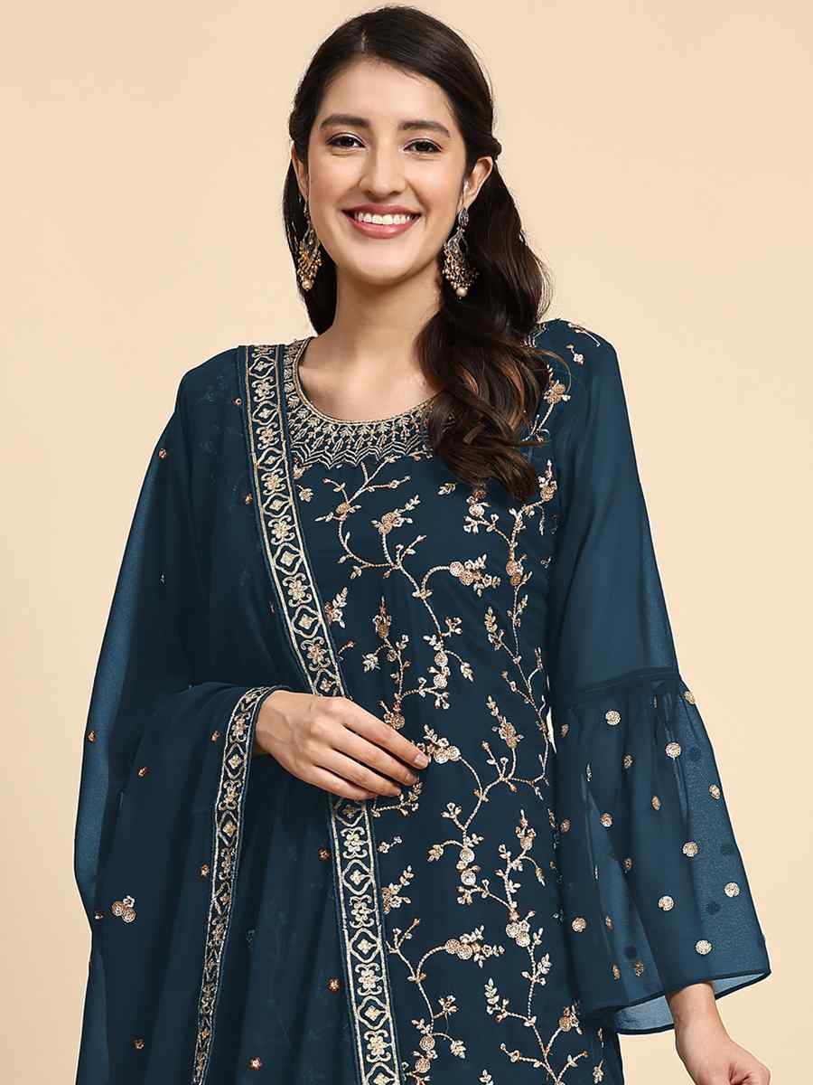 Sea Blue Faux Georgette Embroidered Festival Party Sharara Pant Salwar Kameez