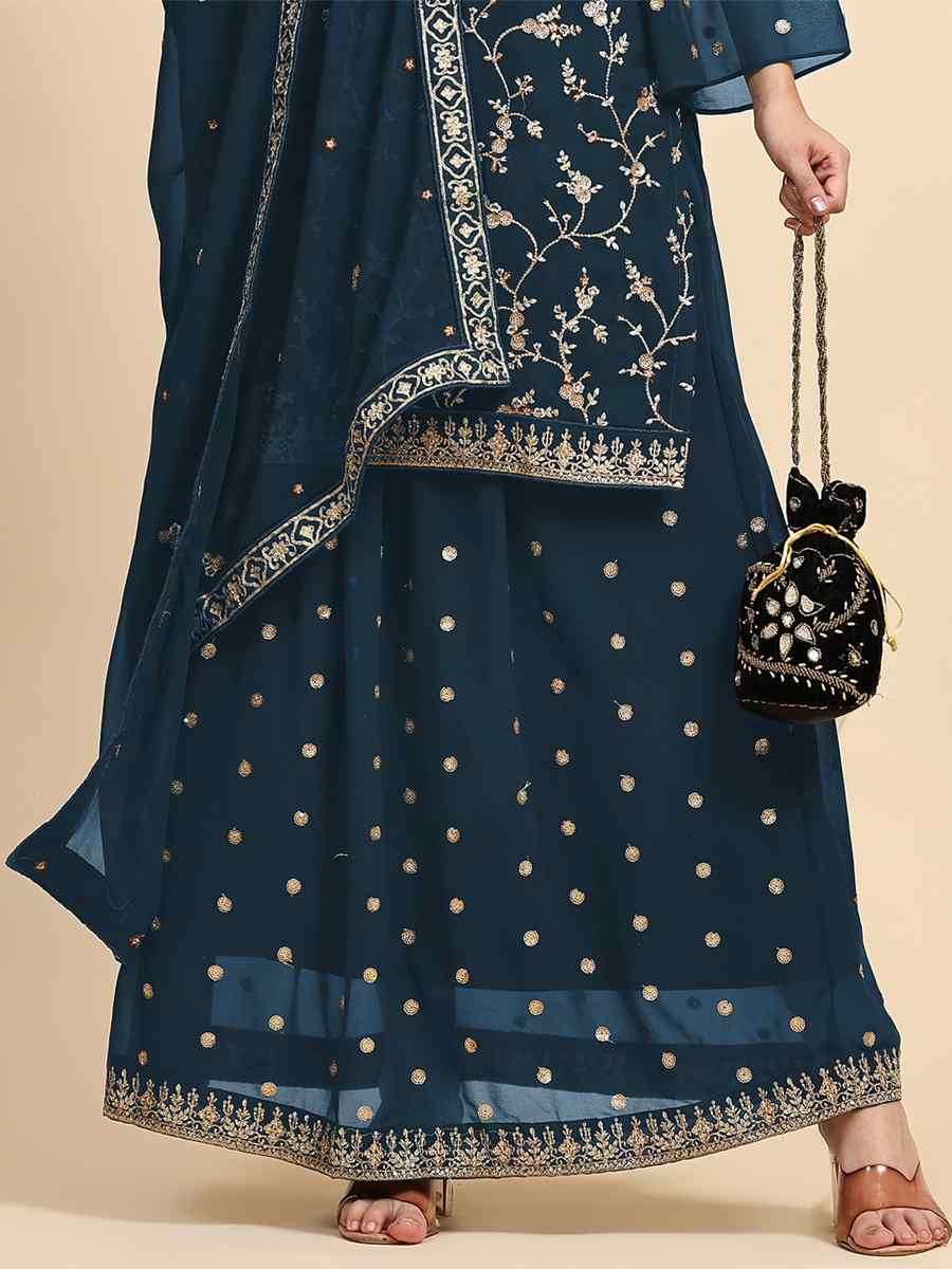 Sea Blue Faux Georgette Embroidered Festival Party Sharara Pant Salwar Kameez