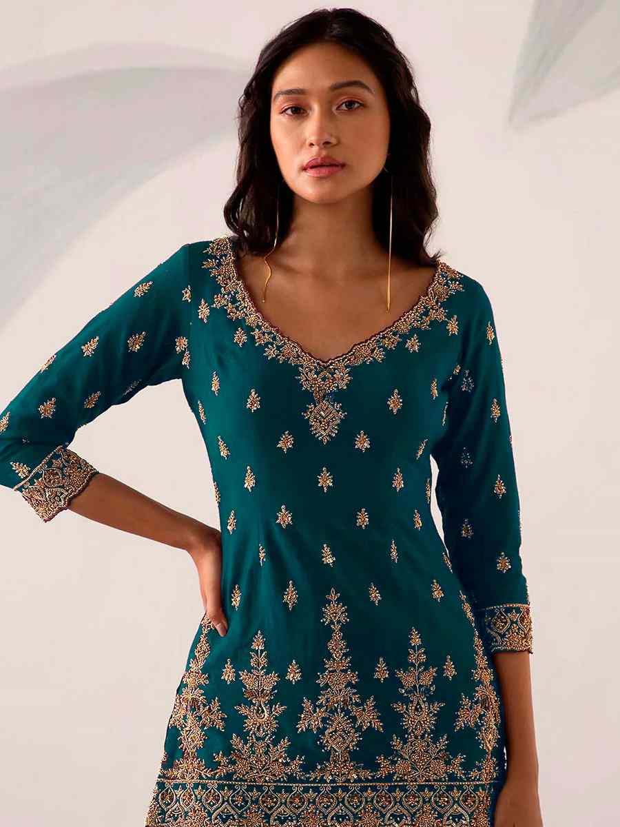 Sea Blue Faux Georgette Embroidered Festival Sharara Pant Salwar Kameez