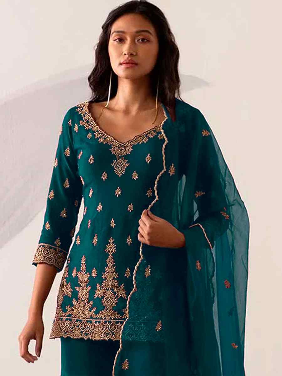 Sea Blue Faux Georgette Embroidered Festival Sharara Pant Salwar Kameez