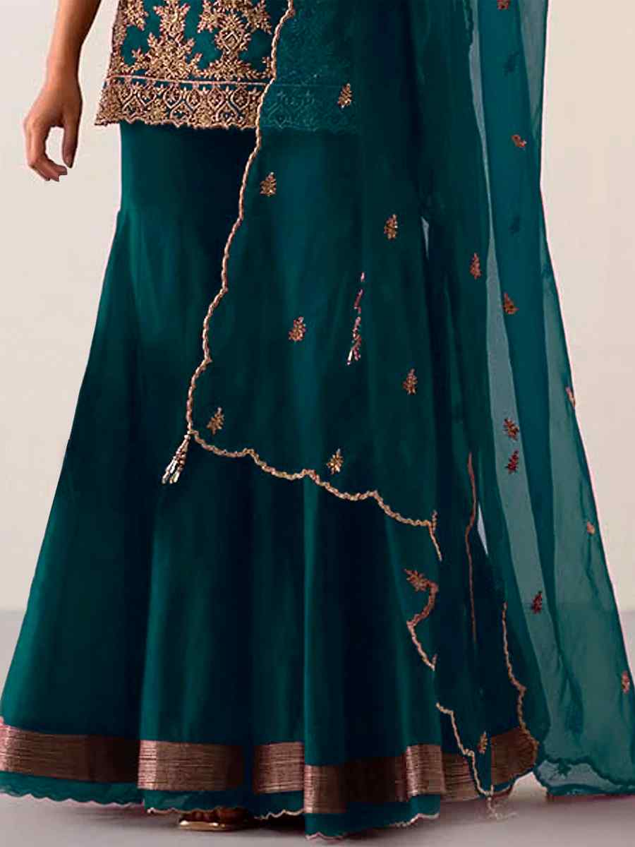 Sea Blue Faux Georgette Embroidered Festival Sharara Pant Salwar Kameez