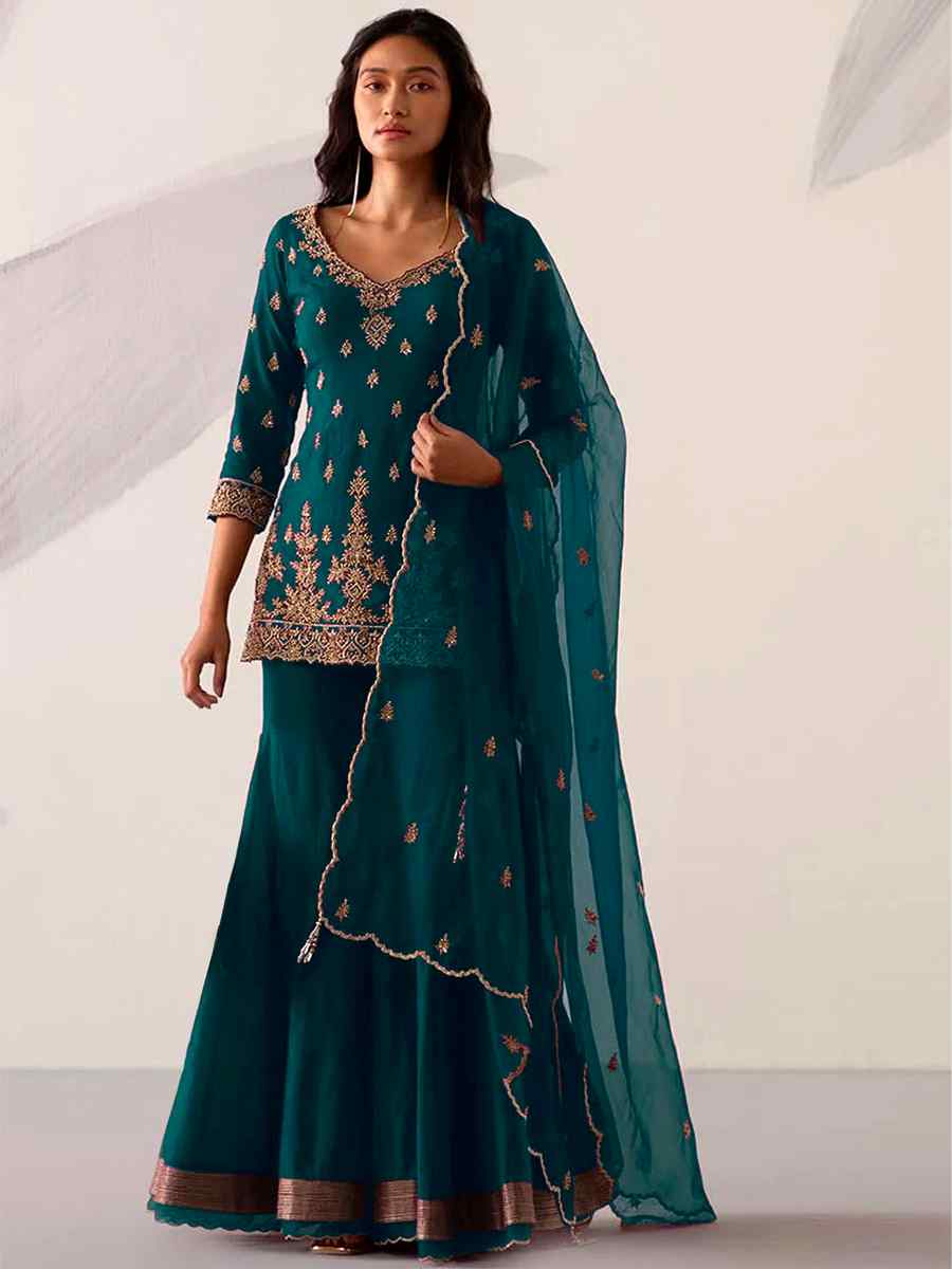 Sea Blue Faux Georgette Embroidered Festival Sharara Pant Salwar Kameez