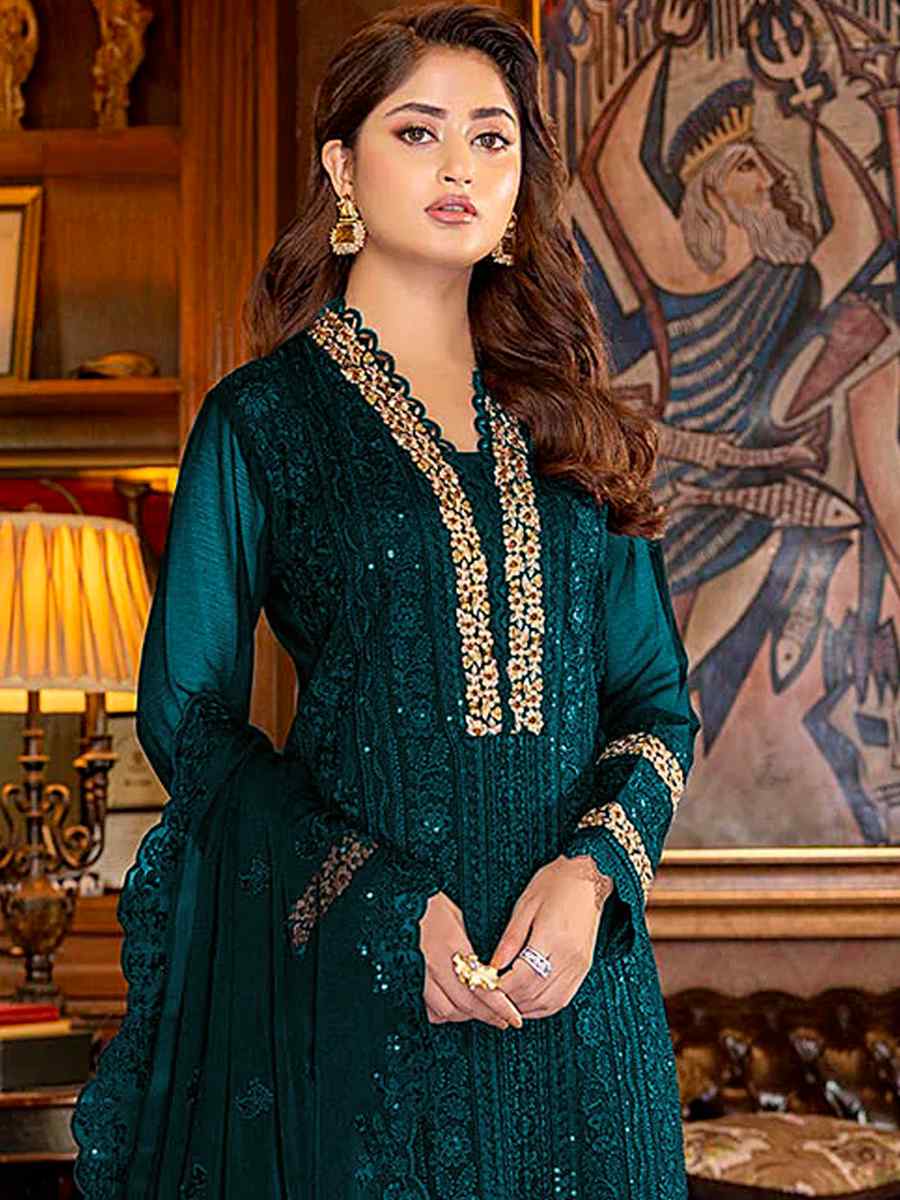 Sea Blue Faux Georgette Embroidered Festival Wedding Pant Salwar Kameez