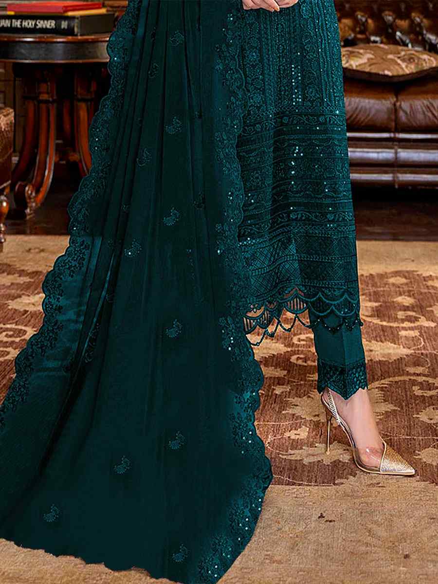 Sea Blue Faux Georgette Embroidered Festival Wedding Pant Salwar Kameez