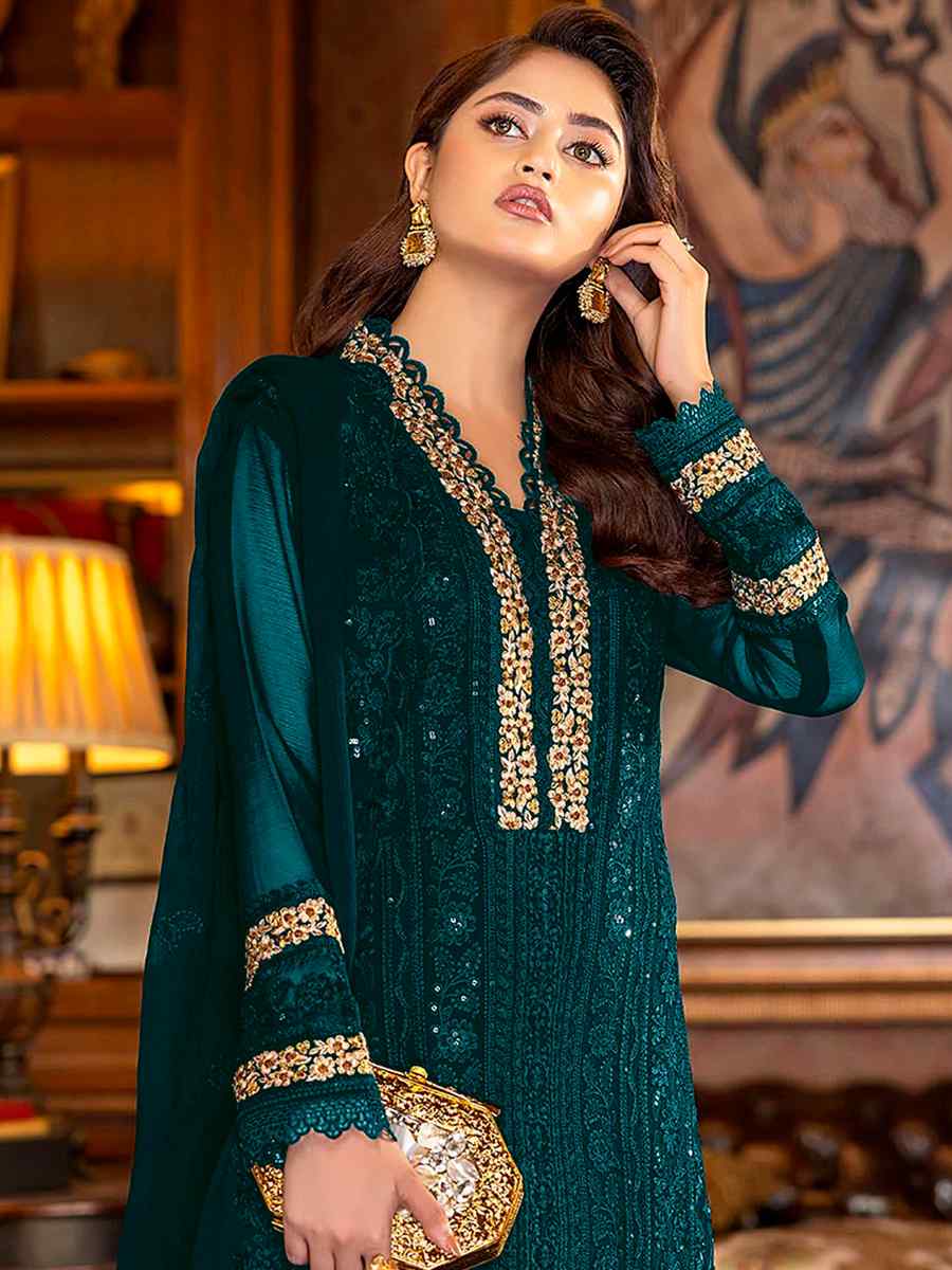 Sea Blue Faux Georgette Embroidered Festival Wedding Pant Salwar Kameez