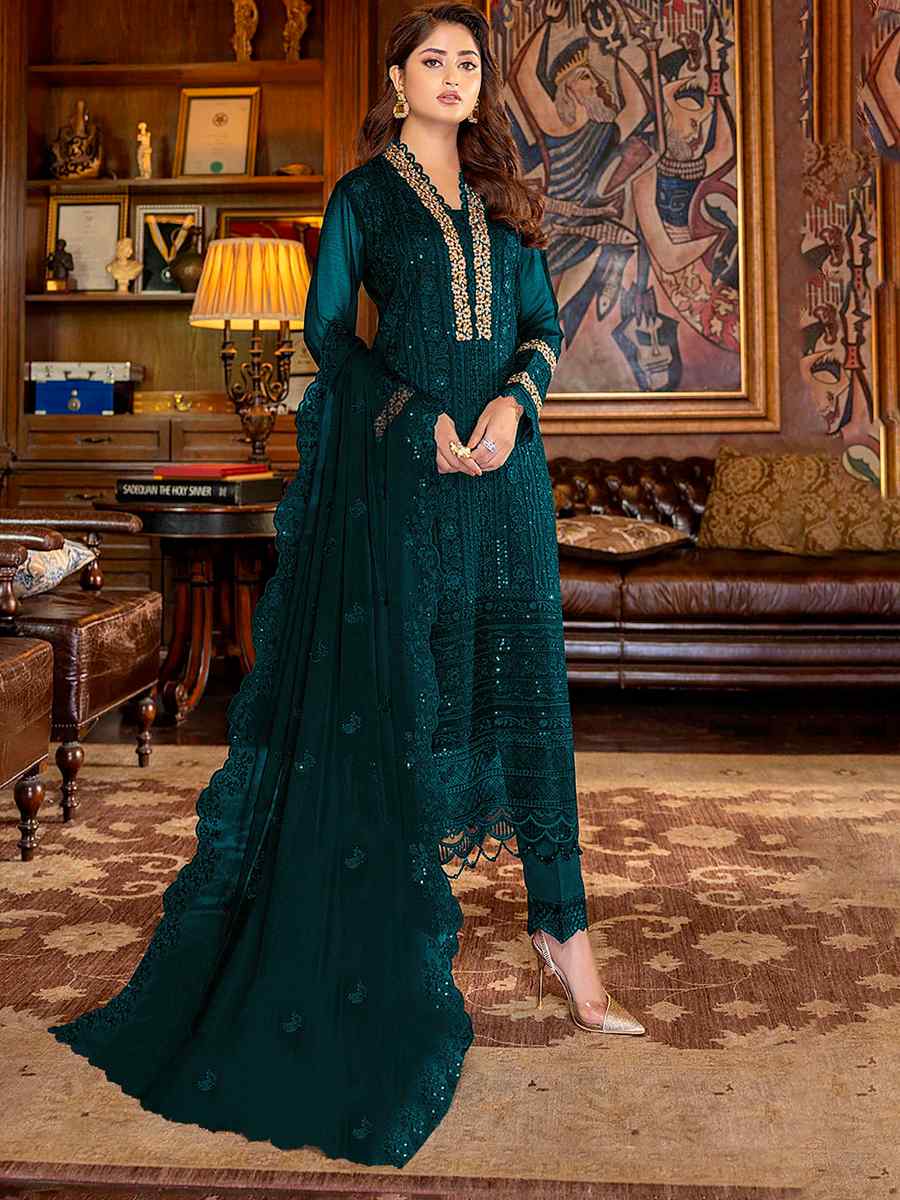 Sea Blue Faux Georgette Embroidered Festival Wedding Pant Salwar Kameez