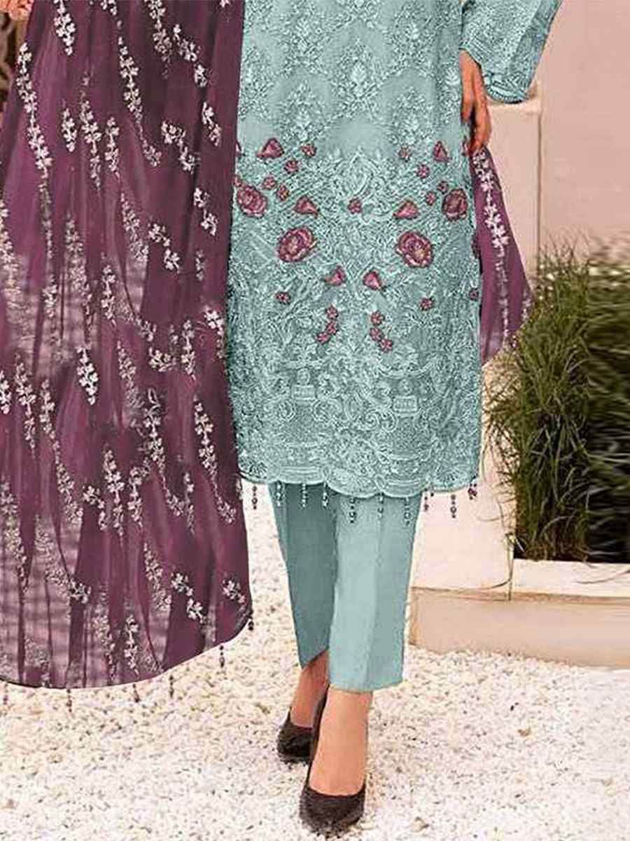 Sea Blue Faux Georgette Embroidered Festival Wedding Pant Salwar Kameez