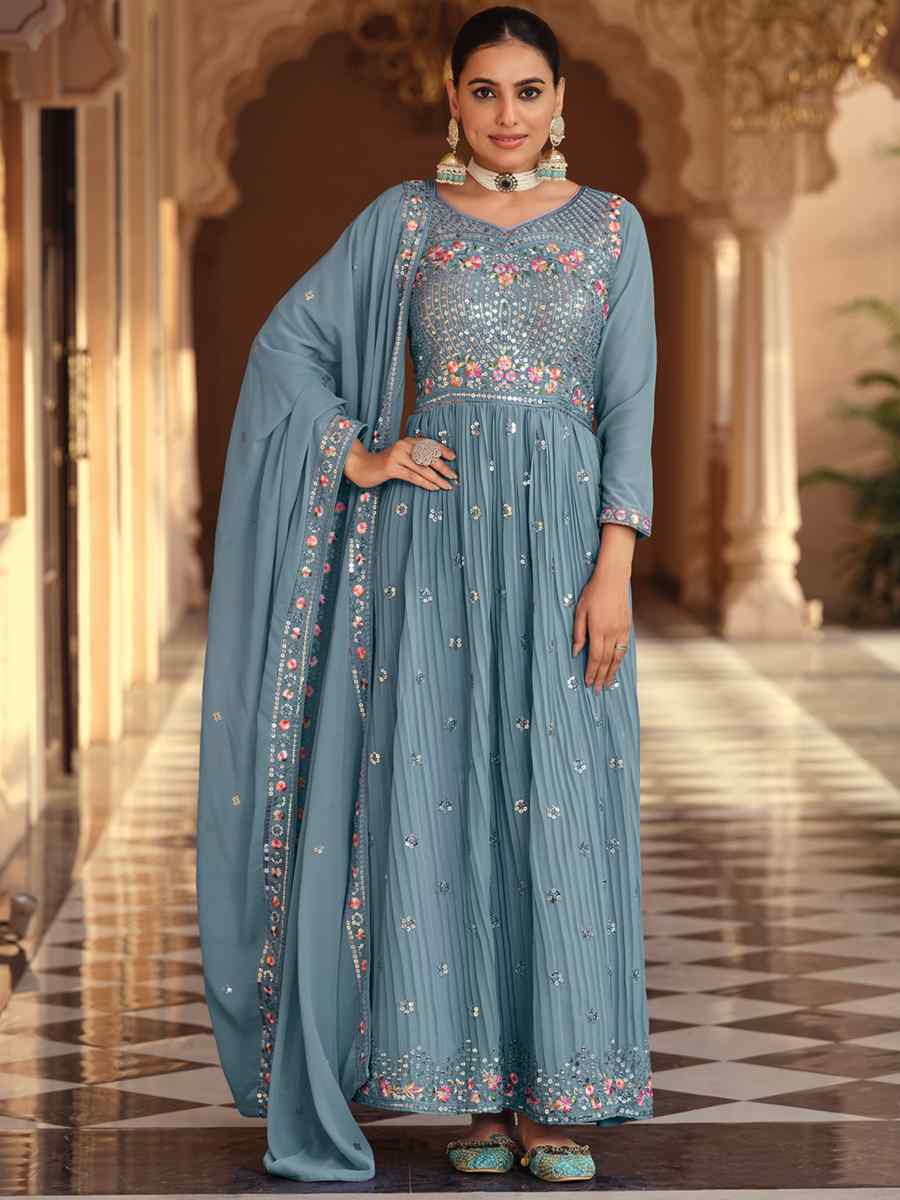 Sea Blue Georgette Embroidered Festival Party Ready Anarkali Salwar Kameez