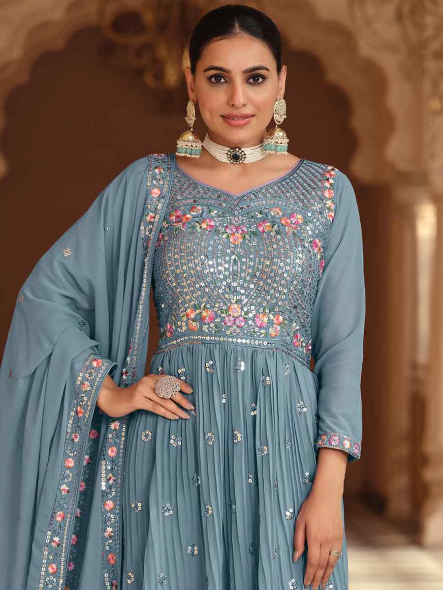 Sea Blue Georgette Embroidered Festival Party Ready Anarkali Salwar Kameez