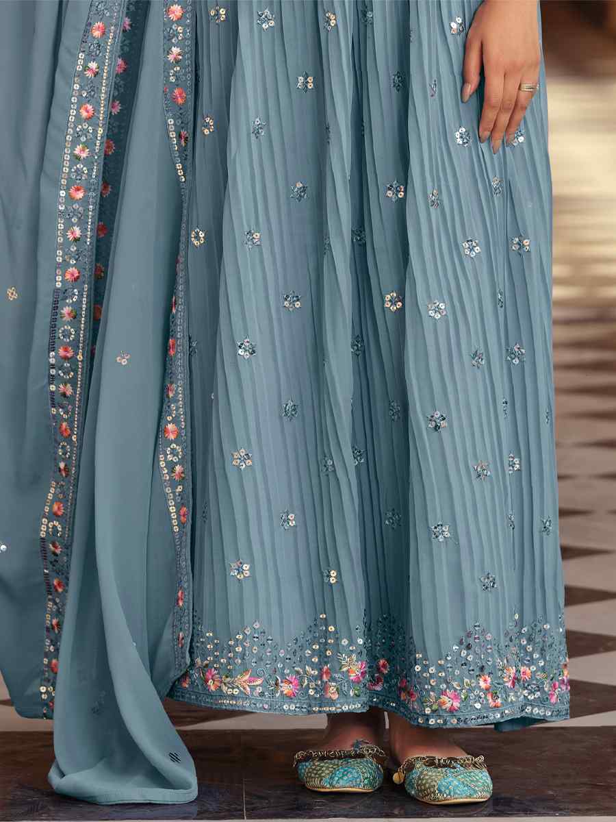 Sea Blue Georgette Embroidered Festival Party Ready Anarkali Salwar Kameez