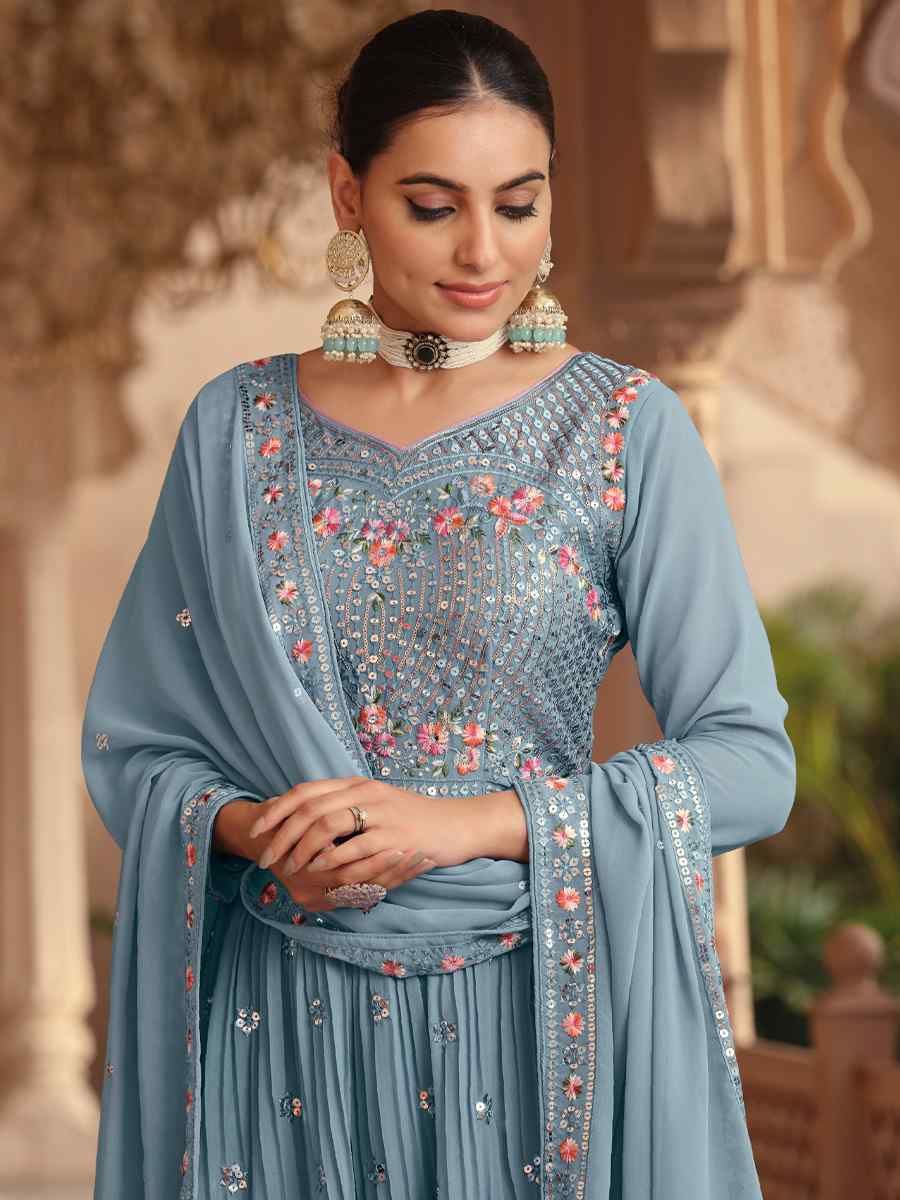 Sea Blue Georgette Embroidered Festival Party Ready Anarkali Salwar Kameez