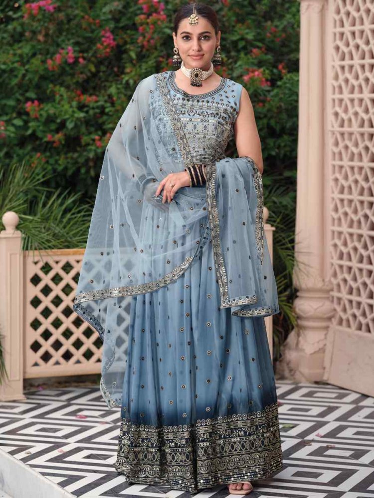 Sea Blue Georgette Embroidered Reception Ready Heavy Border Lehenga Choli