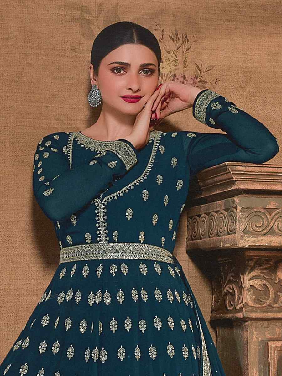 Sea Blue Georgette Embroidered Wedding Festival Anarkali Bollywood Style Salwar Kameez