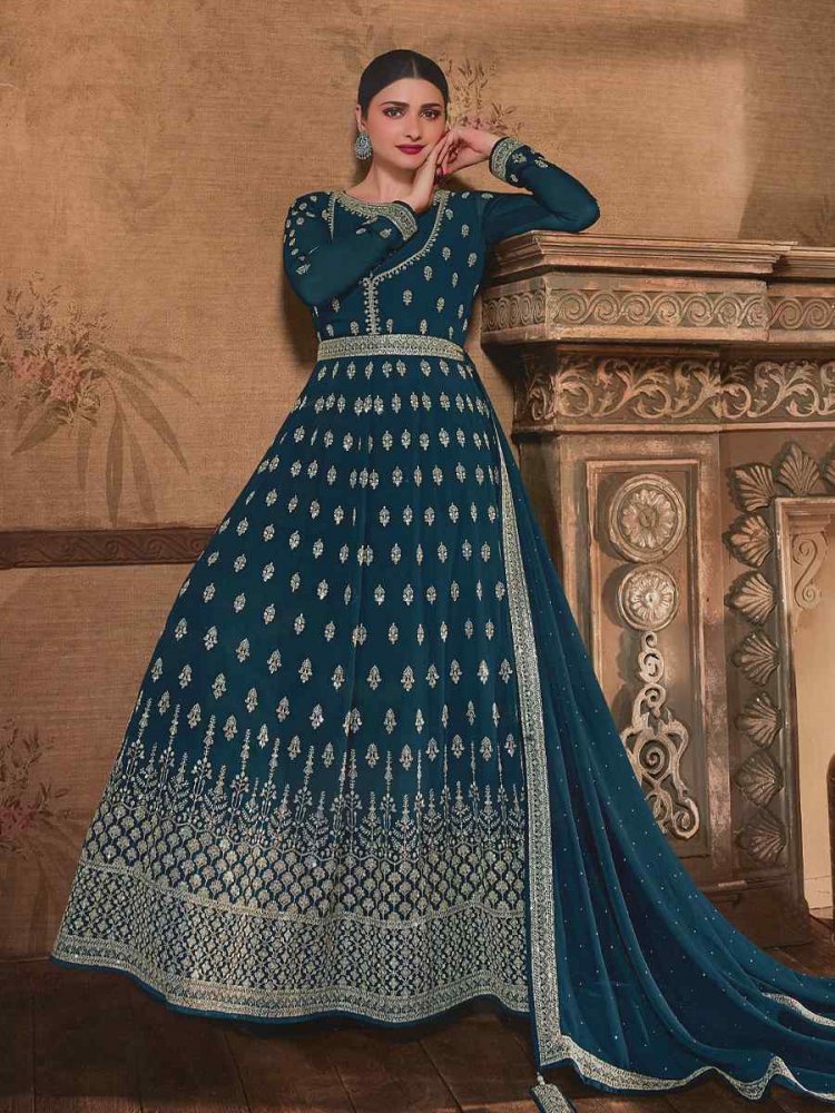 Sea Blue Georgette Embroidered Wedding Festival Anarkali Bollywood Style Salwar Kameez
