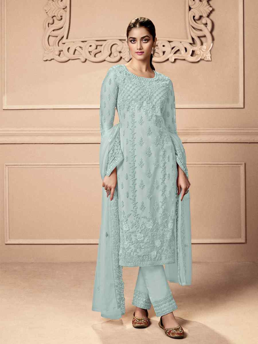 Sea Blue Heavy Butterfly Net Embroidered Festival Wedding Pant Salwar Kameez