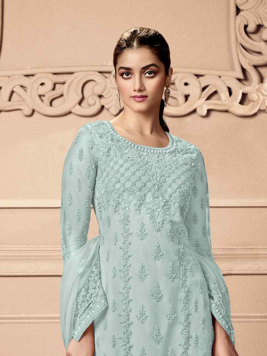 Sea Blue Heavy Butterfly Net Embroidered Festival Wedding Pant Salwar Kameez