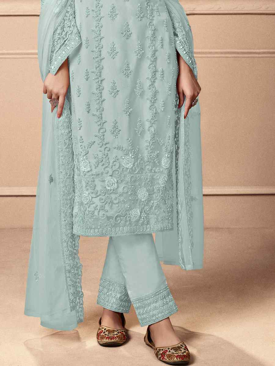 Sea Blue Heavy Butterfly Net Embroidered Festival Wedding Pant Salwar Kameez