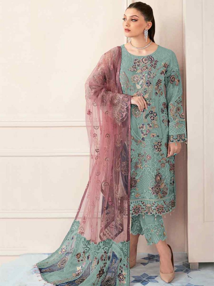 Sea Blue Heavy Faux Georgette Embroidered Festival Party Pant Salwar Kameez