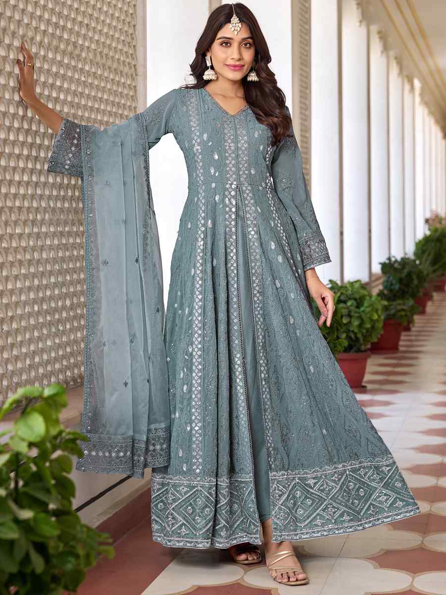 Sea Blue Heavy Faux Georgette Embroidered Festival Wedding Anarkali Salwar Kameez