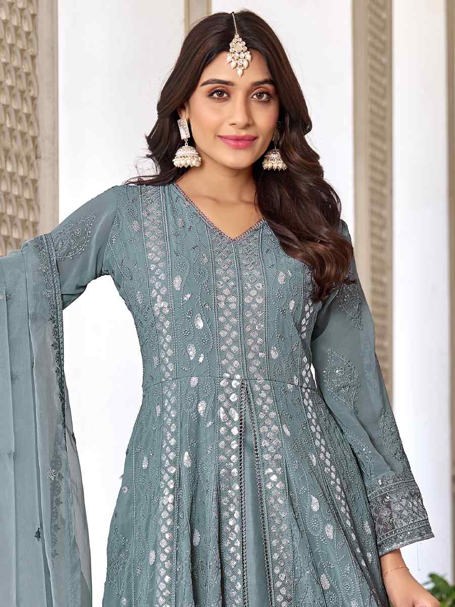 Sea Blue Heavy Faux Georgette Embroidered Festival Wedding Anarkali Salwar Kameez