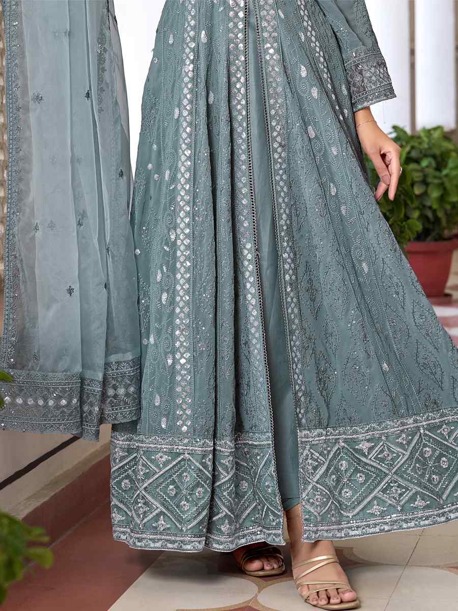 Sea Blue Heavy Faux Georgette Embroidered Festival Wedding Anarkali Salwar Kameez