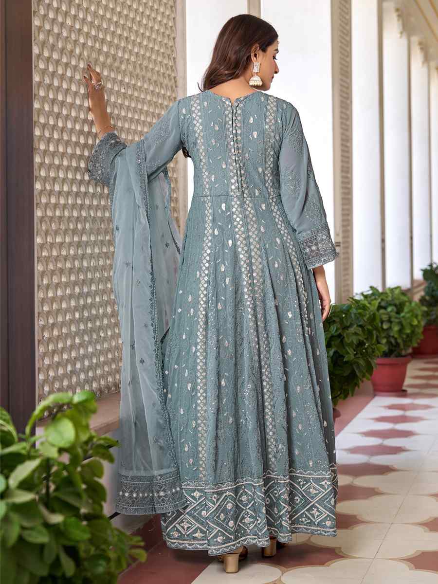 Sea Blue Heavy Faux Georgette Embroidered Festival Wedding Anarkali Salwar Kameez