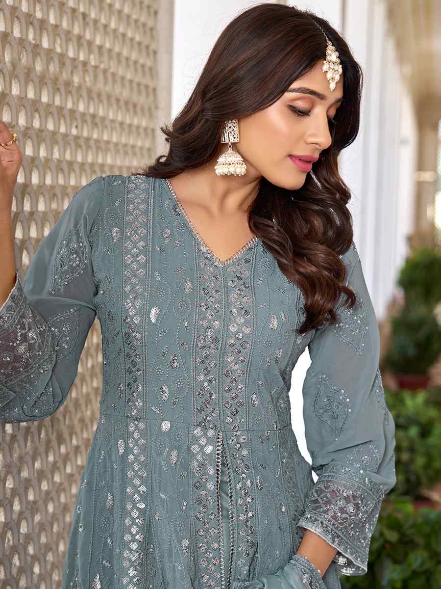 Sea Blue Heavy Faux Georgette Embroidered Festival Wedding Anarkali Salwar Kameez